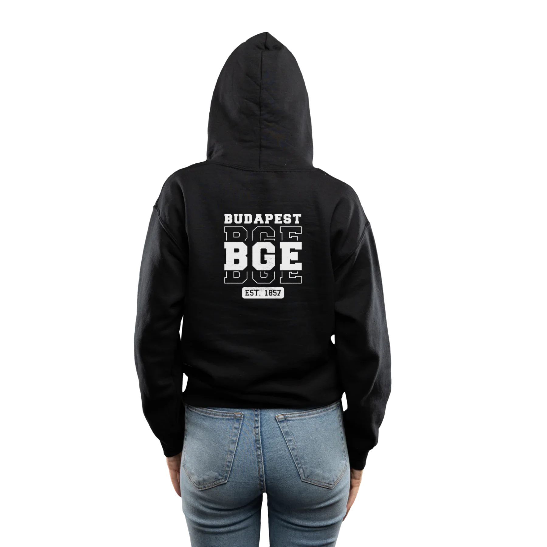 BGE merch – a kapucnis pulóver hátoldala „Budapest BGE” grafikával