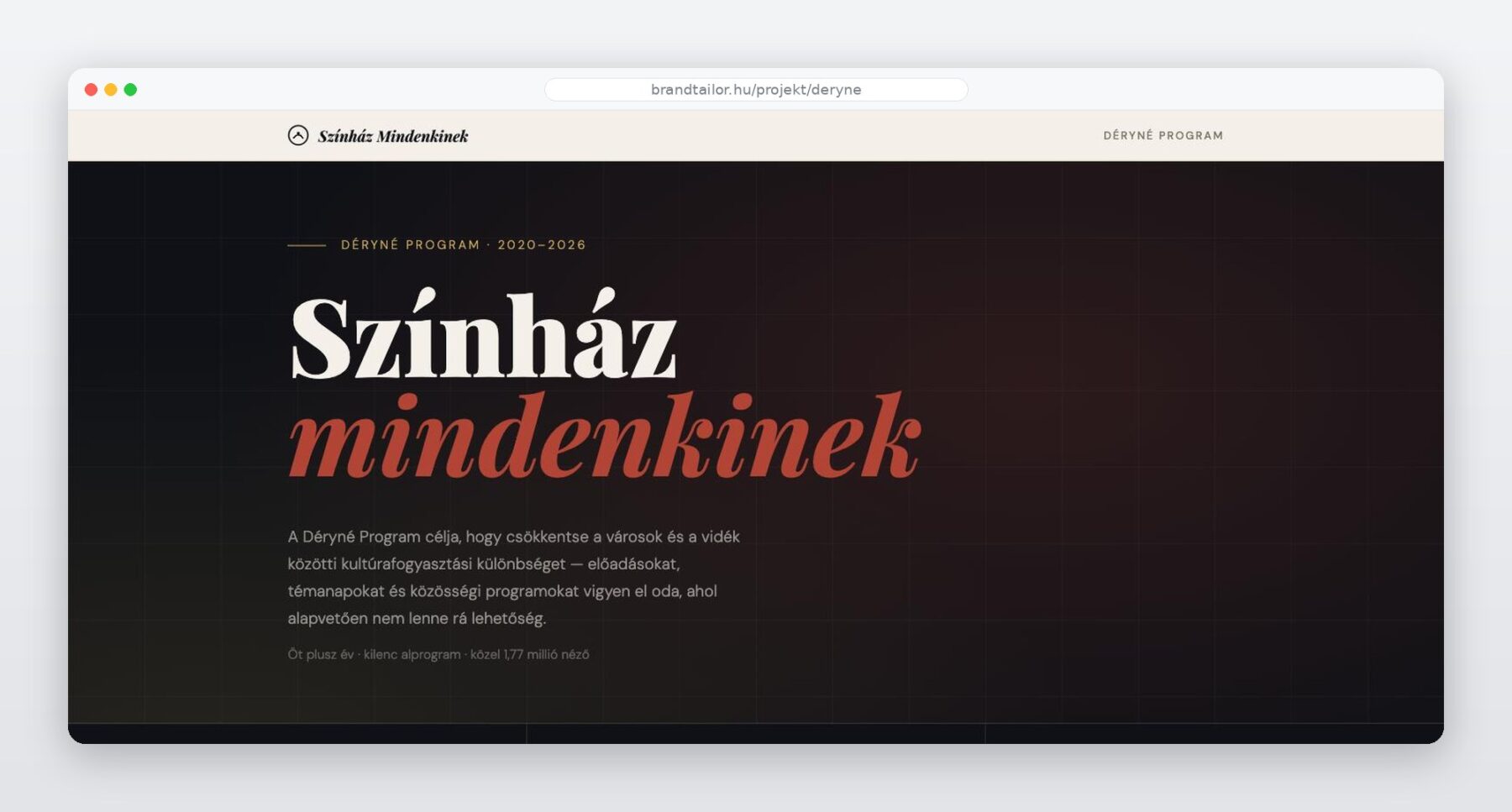 A Déryné Program landing oldalának „Színház mindenkinek” nyitószekciója
