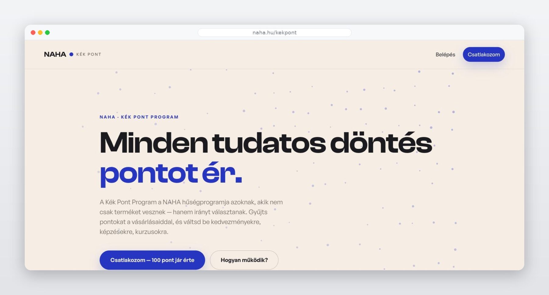 A Kékpont NAHA nyitóoldala a „Minden tudatos döntés pontot ér” üzenettel
