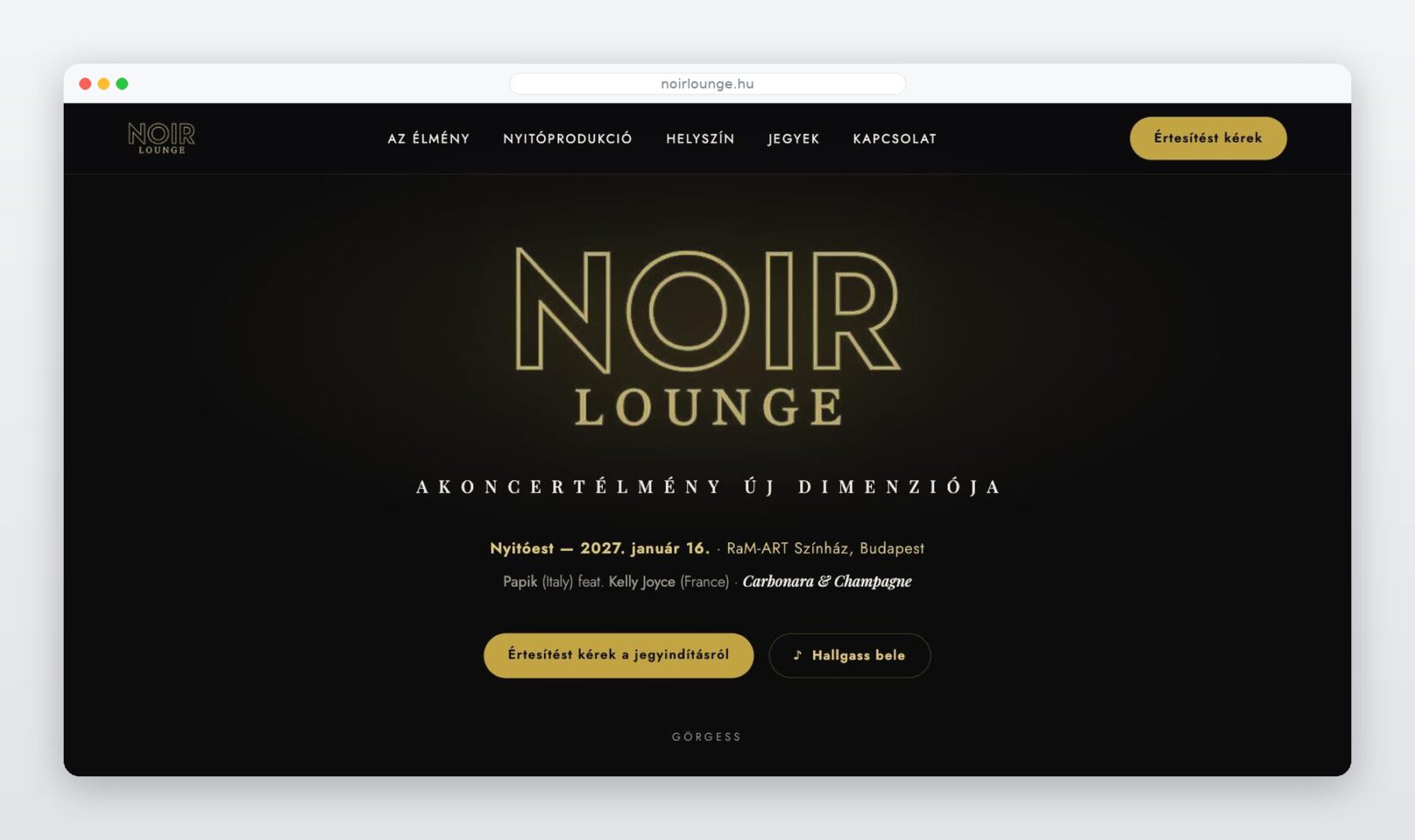 A Noir Lounge weboldalának nyitóképernyője sötét, elegáns arculattal