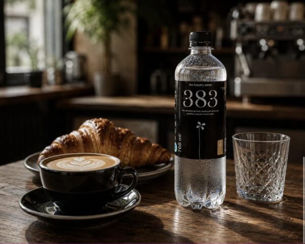 383 ásványvíz közösségi kreatív kávéval és croissant-nal