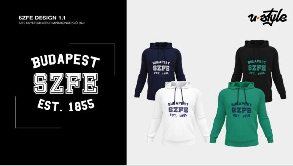 SZFE × U-Style kollekció: Budapest SZFE feliratos pulóverek mockupja