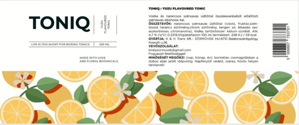 Toniq yuzu ízesítésű tonik dobozának címketerve