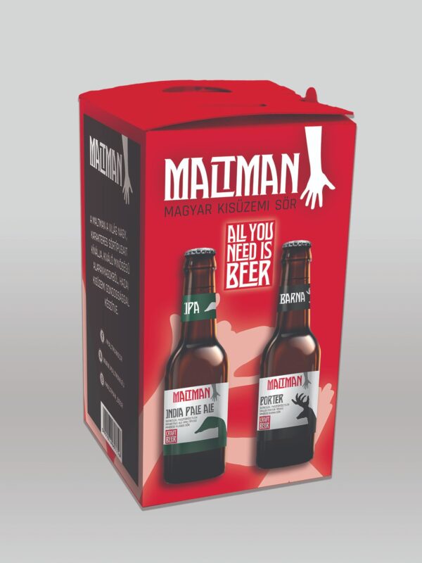 Maltman ajándékdoboz két sörösüveggel, „All you need is beer” felirattal