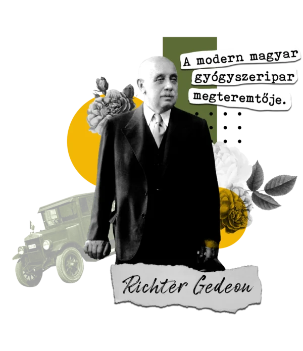 Richter Gedeon portréja kollázs stílusú grafikán a NEB Magyar Hősök kollekcióhoz