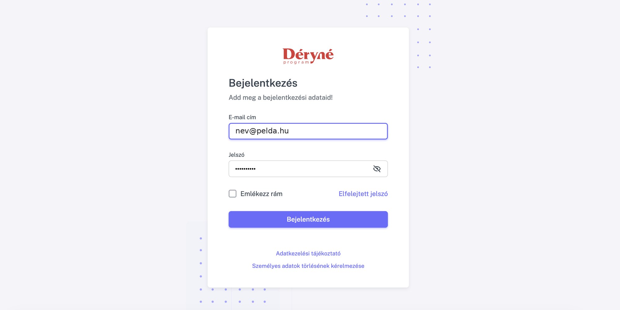 Déryné belső kommunikációs alkalmazás – bejelentkezési képernyő