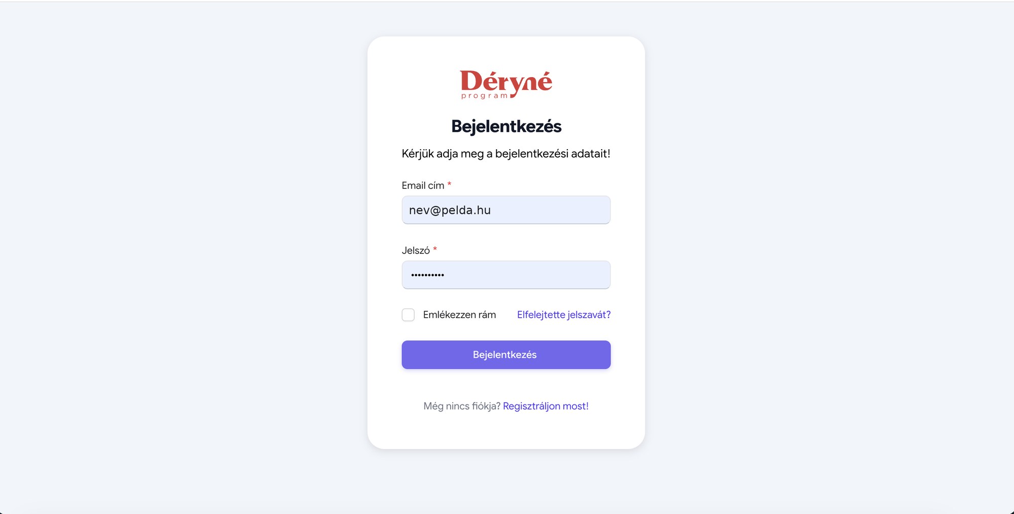 Déryné ERP – bejelentkezési képernyő