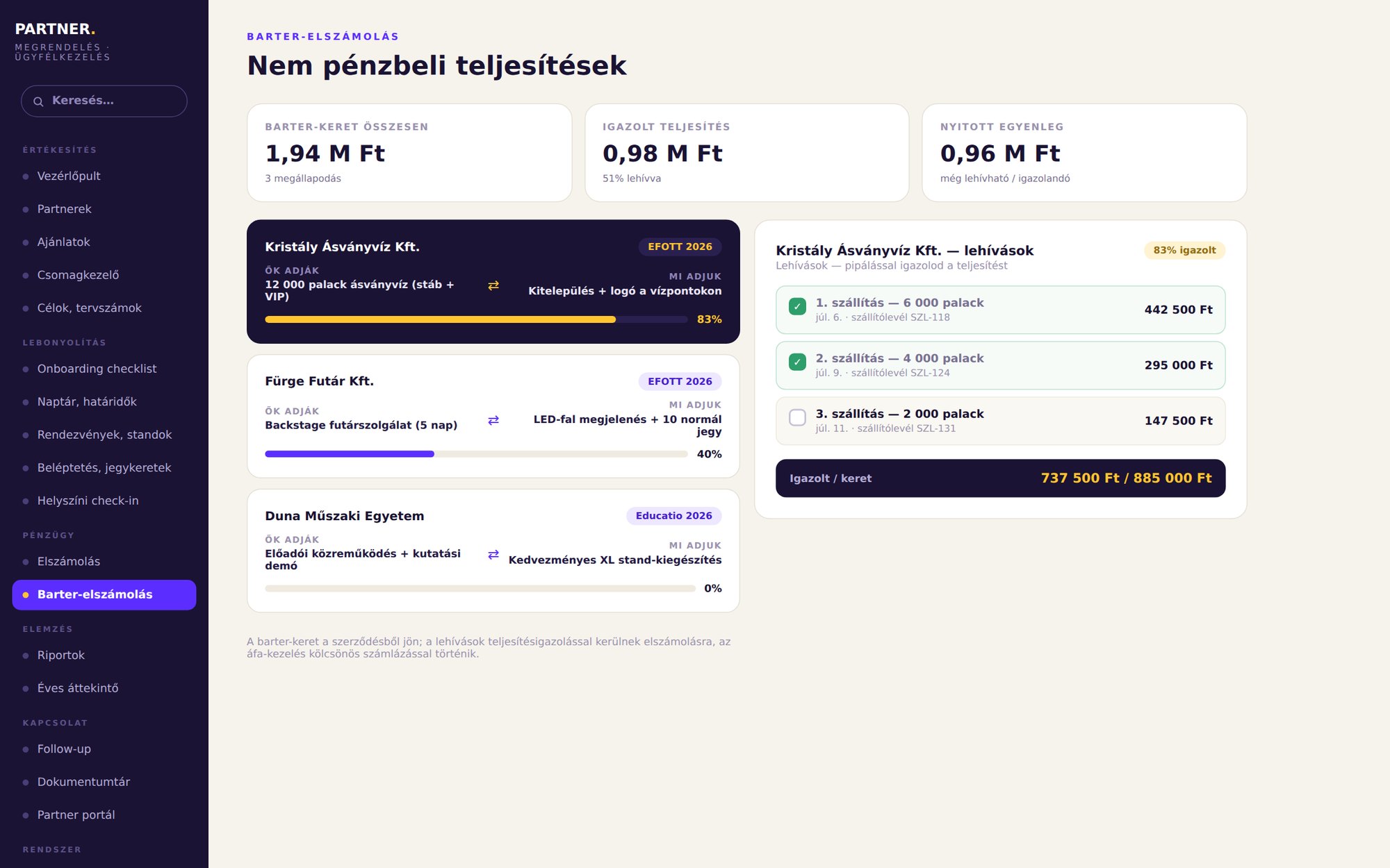 EFOTT partner rendszer – barter-elszámolás, nem pénzbeli teljesítések követése