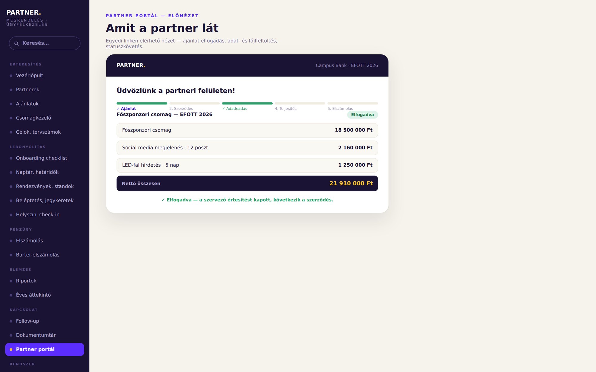 EFOTT partner rendszer – partner portál, amit az ügyfél lát