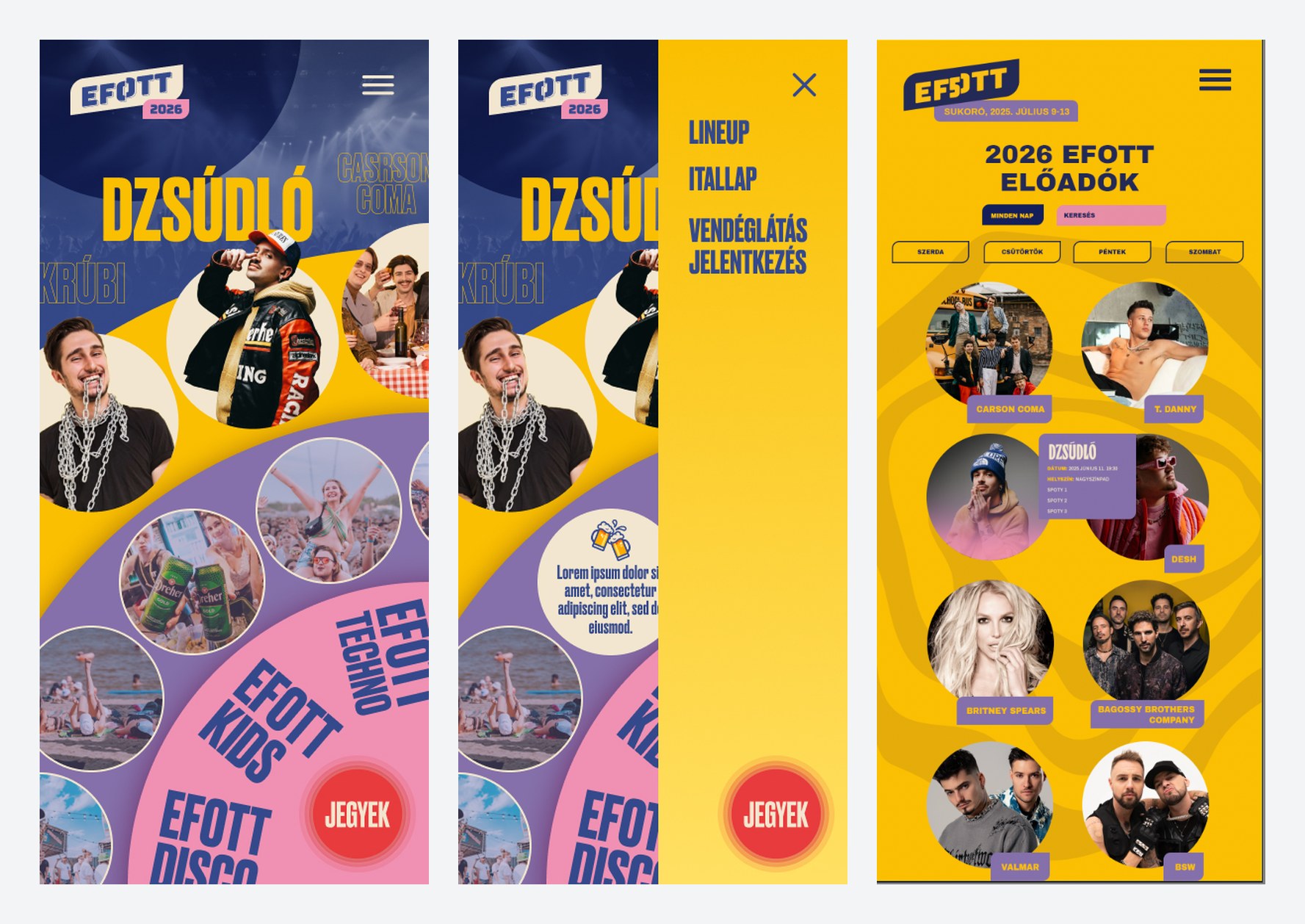 efott.hu – mobilnézetek: nyitóoldal, menü és fellépőlista