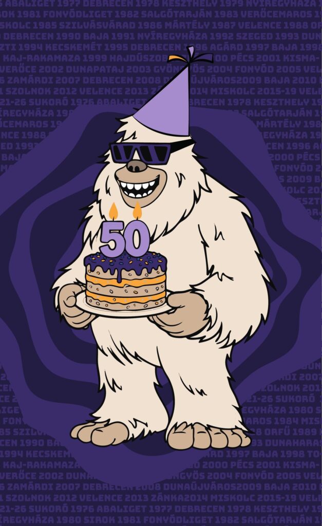 EFOTT 2026 – FOH-borítás: a Yeti kabalafigura az 50. jubileumi tortával, háttérben a fesztivál helyszíneinek évszámai