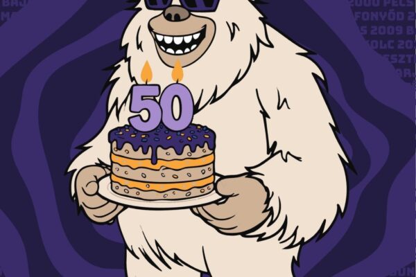 EFOTT 2026 – FOH-borítás: a Yeti kabalafigura az 50. jubileumi tortával, háttérben a fesztivál helyszíneinek évszámai