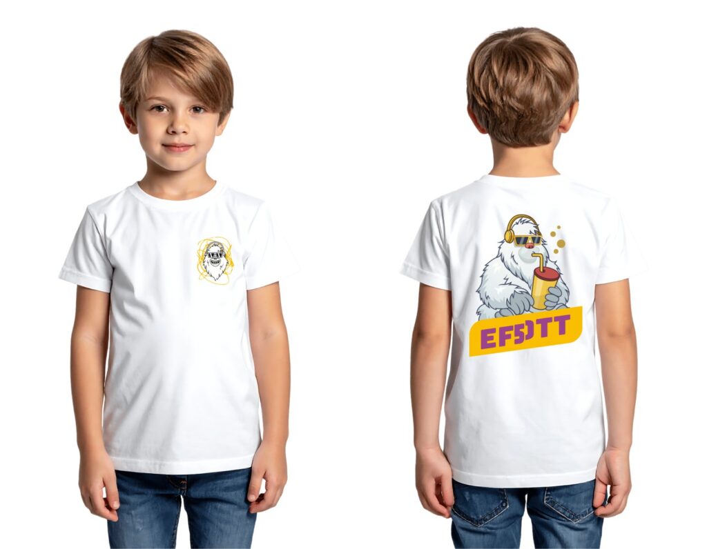 EFOTT50 kollekció – gyerekpóló a Yeti firka-grafikájával: elöl kis fej, hátul a poharas Yeti az EF50TT logóval