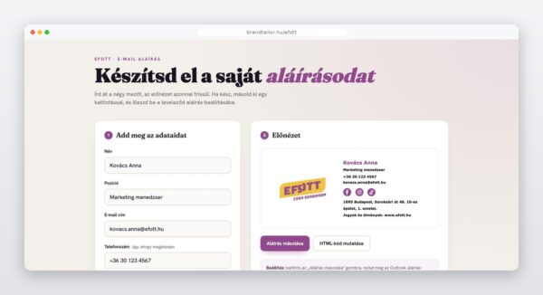 Az e-mail aláírás generátor felülete a választható arculatokkal