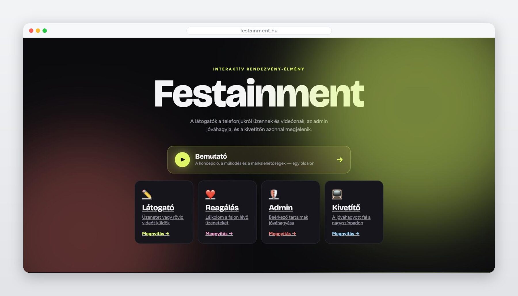A Festainment weboldalának nyitóképernyője