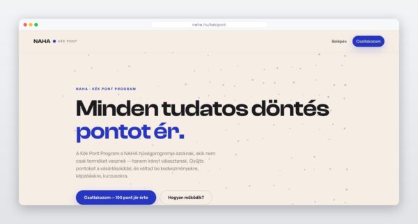 A Kékpont NAHA nyitóoldala a „Minden tudatos döntés pontot ér” üzenettel