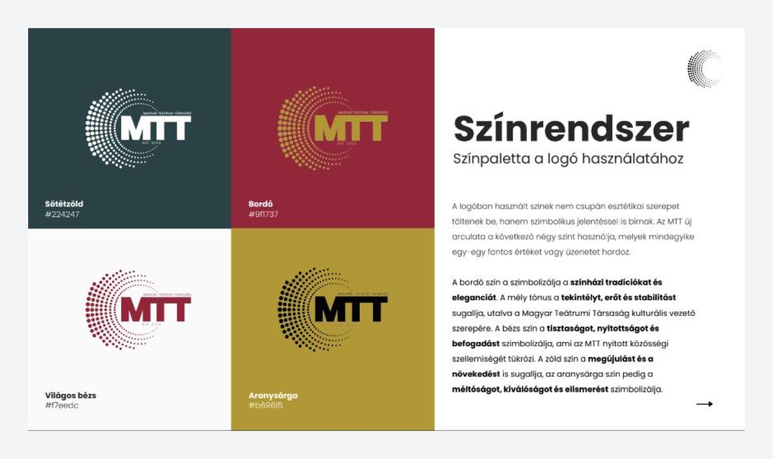 MTT – színrendszer: bordó, bézs, sötétzöld, aranysárga