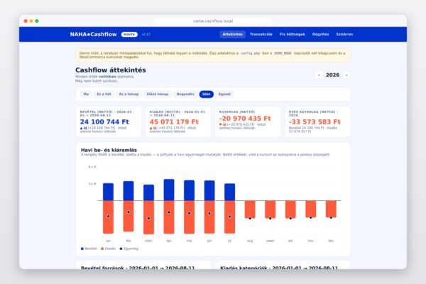 NAHA cashflow dashboard – éves áttekintés havi be- és kiáramlással