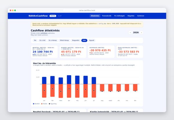NAHA cashflow dashboard – éves áttekintés havi be- és kiáramlással