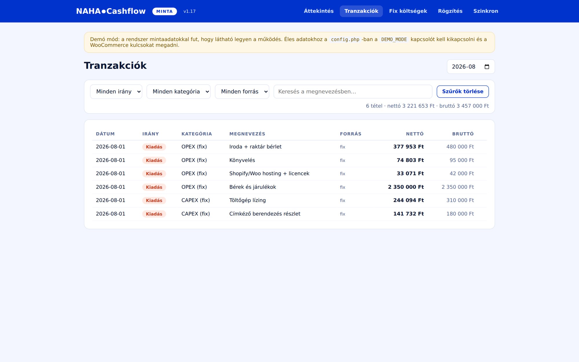 NAHA cashflow dashboard – tételes tranzakciólista szűrőkkel