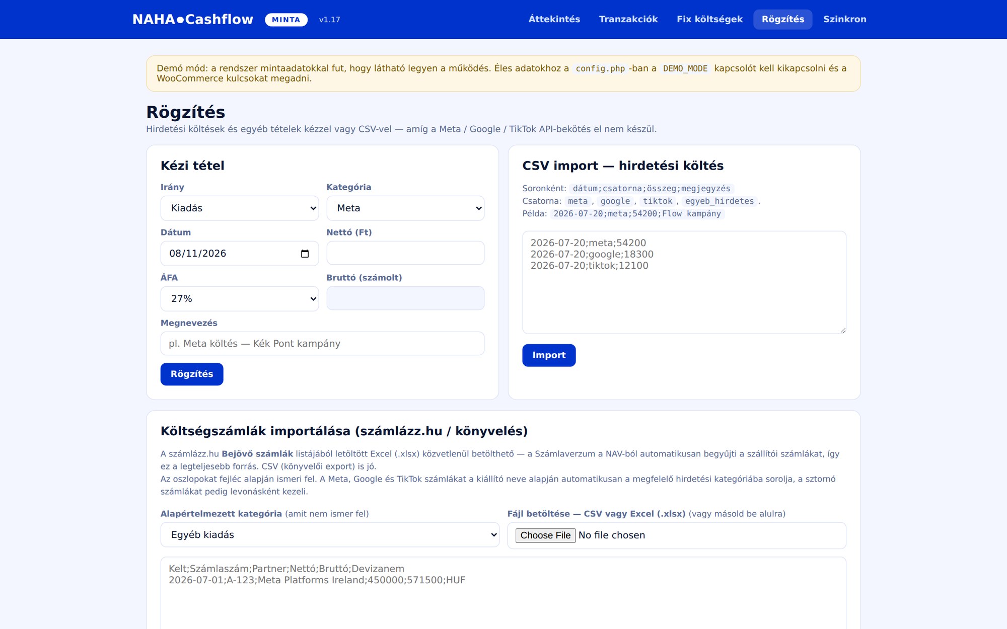 NAHA cashflow dashboard – kézi rögzítés és költségszámla-import CSV-ből
