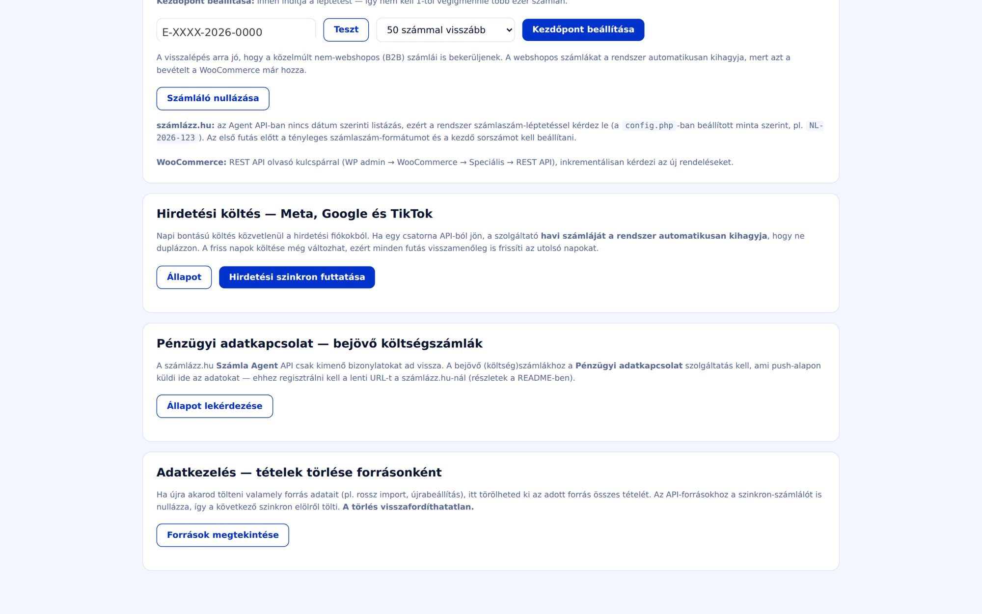 NAHA cashflow dashboard – adatkapcsolatok: számlázás, hirdetési API-k, bejövő számlák