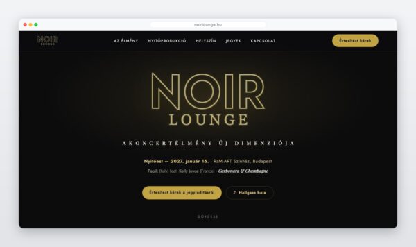 A Noir Lounge weboldalának nyitóképernyője sötét, elegáns arculattal