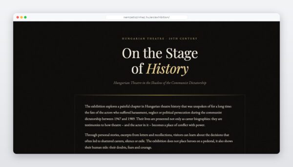 On the Stage of History – a kiállítási weboldal nyitóképernyője
