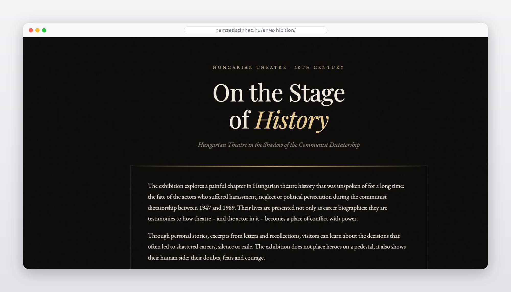 On the Stage of History – a kiállítási weboldal nyitóképernyője