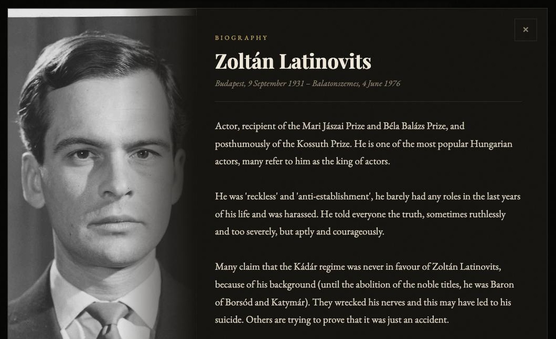 On the Stage of History – életrajzi felugró ablak Latinovits Zoltánról