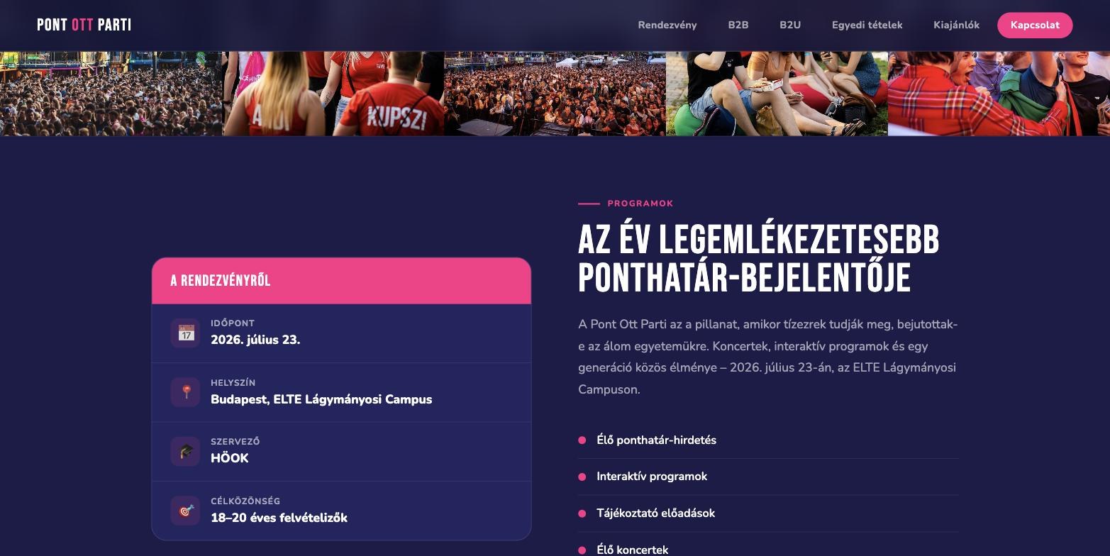 Pont Ott Parti sales landing – rendezvényadatok és programblokk