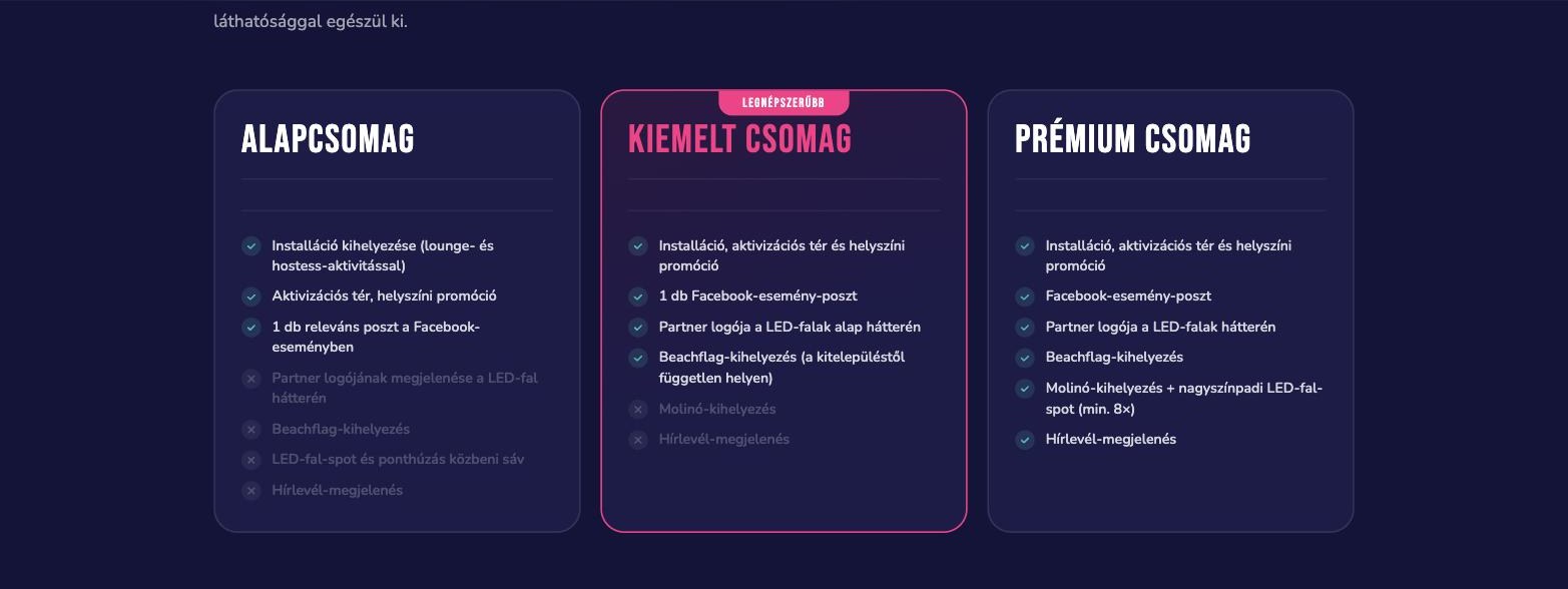 Pont Ott Parti sales landing – B2B megjelenési csomagok összehasonlító kártyái