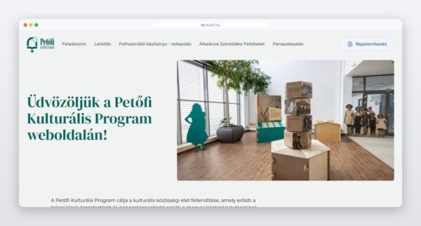 A terkult.hu weboldalának nyitóoldala a Petőfi Kulturális Program köszöntőjével